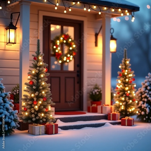 Cozy Home Entrance Decorated for Christmas with Wreaths and Lights