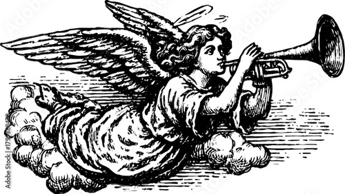 Angel playing a trumpet among clouds. Vintage black and white vector illustration, presented as a decorative art piece.