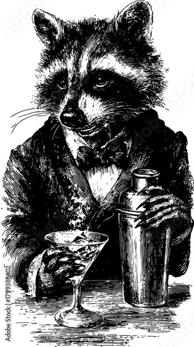 Raccoon in a tuxedo holding a cocktail shaker. Vintage vector illustration showcasing a quirky animal character in a playful setting.