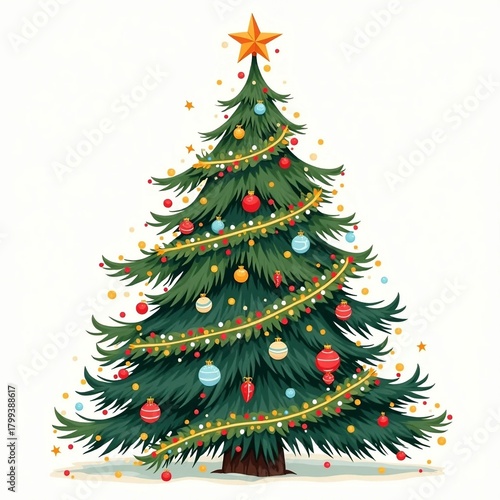 Fully Decorated Traditional Christmas Tree with Star and Lights