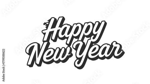 Happy New Year text in black and white, festive greeting.