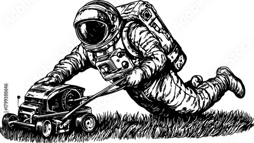 Astronaut using a lawnmower on grass in a surreal setting. Humorous vector illustration that highlights routine work in a space context.