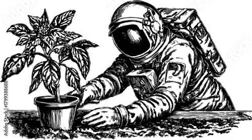 Astronaut planting basil in a pot. Black and white vector illustration depicting gardening in space. This design showcases sustainability and innovation.