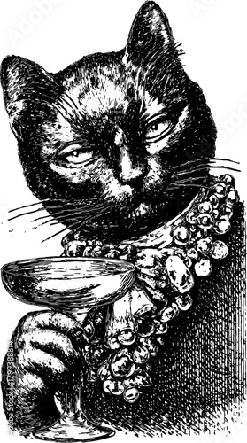 Vintage cat engraving holding a cocktail bowl. A concise black outline illustration in a classic style for a unique vector set.