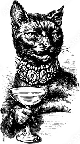 Cat with a cocktail glass in a vintage style. Detailed black and white vector illustration of an elegant feline sitting proudly.