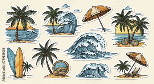 Collection of Summer-Themed Stickers with Beach, Palm Trees, and Ocean Waves Illustrations