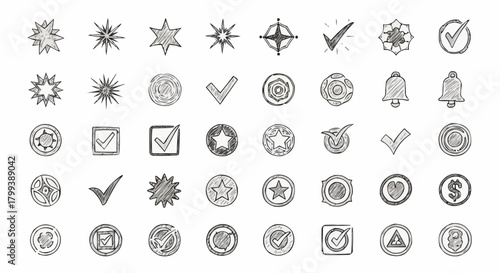 Collection of hand drawn stars, check marks, bells, and other symbols in a sketch style design
