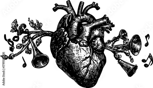 Vintage heart illustration with musical elements in black and white outline. Detailed vector art set reflecting classic style.