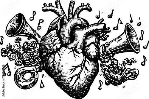 Heart with music instruments: trumpet and tuba. Vintage black and white outline illustration, featuring a set of flowers and musical notes, vector art.