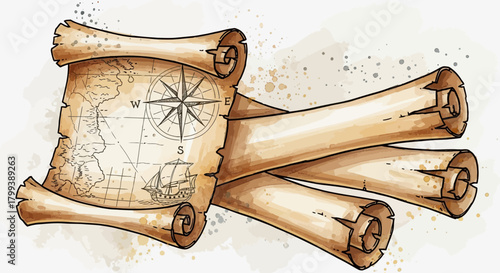 Ancient nautical chart illustration with a vintage map, ship, and compass rose