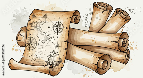 Vintage treasure map and rolled parchment scrolls with compass rose illustration