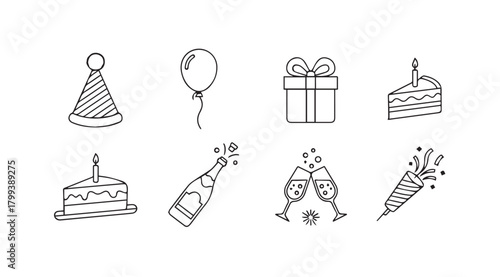 Collection of simple hand drawn birthday party celebration icons silhouette