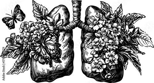 Lungs with flowers and butterfly in vintage outline style. Detailed black and white vector illustration showcasing nature and anatomy in a decorative set.