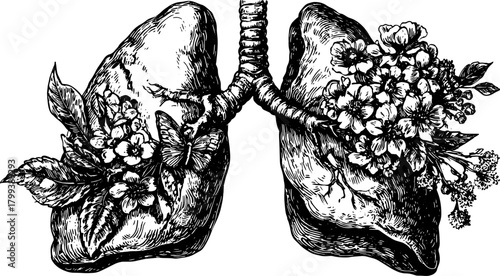 Vintage black and white vector illustration of lungs adorned with flowers and leaves. Detailed outline set featuring a creative botanical theme.