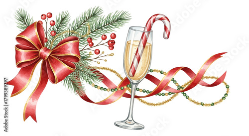 Elegant christmas watercolor illustration featuring a champagne glass with candy cane