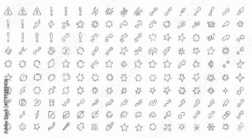 Collection of hand drawn doodle icons including arrows stars and exclamation points arranged in rows