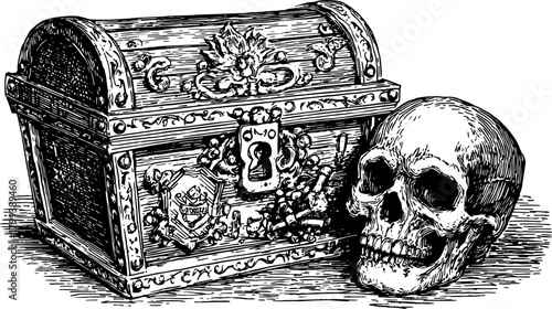 Vintage outline drawing of a treasure chest and a skull. This black and white engraving is presented as a vector illustration.