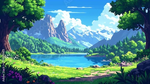 Lush Landscape with Lake, Mountains, and Trees: Pixel Art Serene Nature Scenery