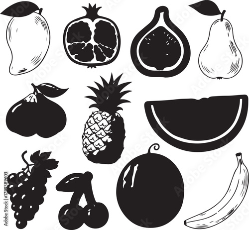 Assorted Fruit Silhouettes and Line Drawings mango