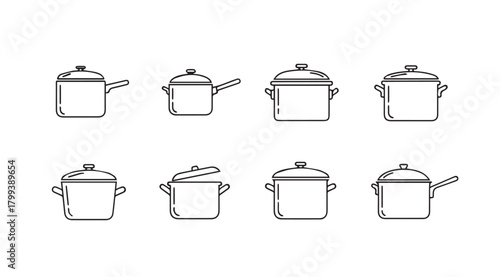 Collection of eight diverse kitchen pots and pans in a simple black silhouette