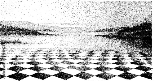 Black and white dot pattern illustration featuring a checkered landscape with water and horizon in a minimalist vector style.