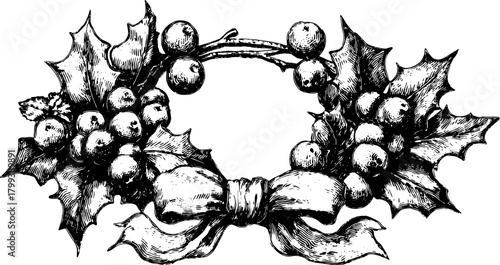 Holly wreath with decorative bow and berries. Vintage black and white vector illustration for seasonal greeting templates or embellishments.