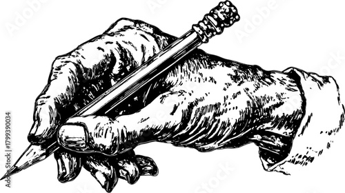 Hand holding a pencil for sketching in a realistic vintage style. This illustration highlights artistic detail in a vector format.