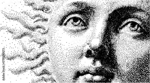 Illustration of a face with detailed line patterns. Unique black and white vector design featuring geometric shapes and contrasting textures.