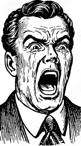 Man screaming vintage illustration in black and white. Exaggerated expression with a dramatic outburst, depicting strong emotion in a vector format.