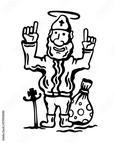 Saint nicholas the miracle worker is satisfied and festive, confidently raises his fingers up. Vector black and white illustration on a white isolated background