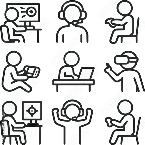 Esports Gamer Icons: Diverse Characters Playing Video Games with Headsets, Controllers and VR Gear, Perfect for Game Development and Online Streaming Graphics