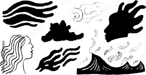 Silhouette of a woman with flowing hair, abstract clouds and waves. Simple black and white vector illustration set with modern artistic elements.