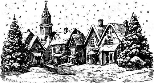 Black and white vintage illustration of a snowy village scene with buildings and trees. This charming outline vector set captures a rural winter landscape.