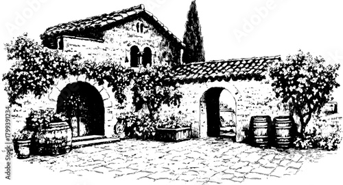 Vintage building illustration with detailed stone textures and outdoor garden elements. A classic architecture vector set.