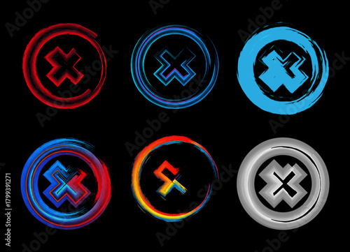 Set of X shaped symbols placed inside round brush stroke circles. Each icon is designed with expressive paint textures and vibrant colors, ideal for UI icons, cancel buttons, warning symbols.