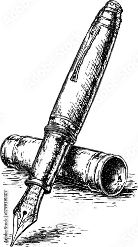 Vintage pen illustration in outline style. Engraved graphic set featuring a fountain pen and cylindrical holder in black and white vector format.