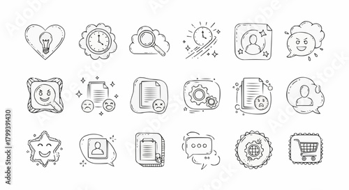 Collection of sketched icons featuring a lightbulb in a heart, clock, cloud search, and various expressions