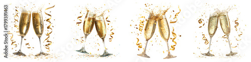 Set of two champagne glasses clinking with golden liquid splash and confetti, isolated on transparent background.