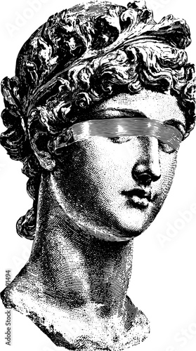 Classical antique bust sculpture with curly hair and blindfold band. Black and white engraving style vector illustration.