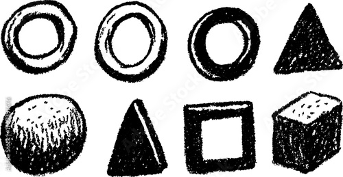 Shapes including circle, triangle, square, and cube in a hand-drawn style. Simple black and white geometric vector illustration set.