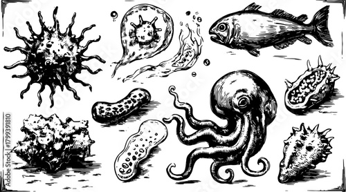 Engraving set of marine organisms including an octopus, fish, and various shells. Detailed black outline vector illustration.