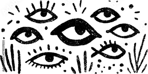 Vector illustration of eyes in a hand-drawn style. The design features black doodles and textures, creating a captivating set of visual elements.