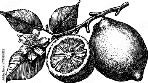 Lemon and floral outline illustration in black and white. Vintage graphic design features detailed nature elements in a clean vector style.