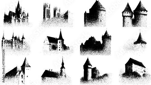 Silhouette of multiple historical buildings in a vector illustration. Features distinct towers and structures in a simple black and white design set.