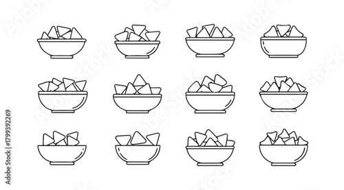 Collection of twelve hand drawn nacho bowls in a simple silhouette style