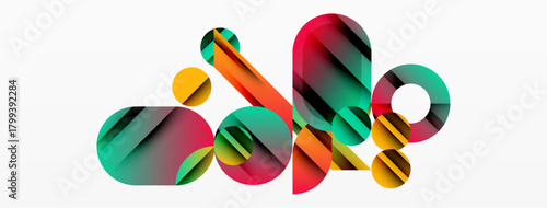 Abstract colorful shapes overlap, creating dynamic composition. Gradient hues blend, forming modern visual experience.