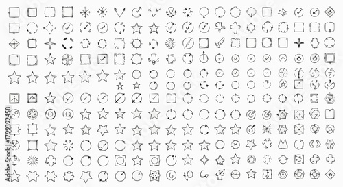 Collection of hand drawn vector shapes including stars squares circles and arrows in a grid layout