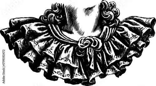 Engraved antique collar design with intricate ruffles. Classic black outline drawing in a detailed vector illustration set showcasing vintage fashion elements.