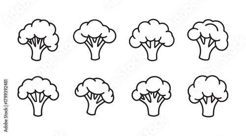 Collection of simple broccoli florets in a clean black and white silhouette style