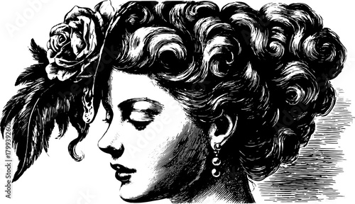 Engraving print of a female silhouette. Antique style with intricate hair design and floral ornamentation in a vintage vector illustration.